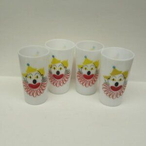 Hazel Atlas Glass Milk White 5 Inch High CLOWN Tumblers, Set of Four